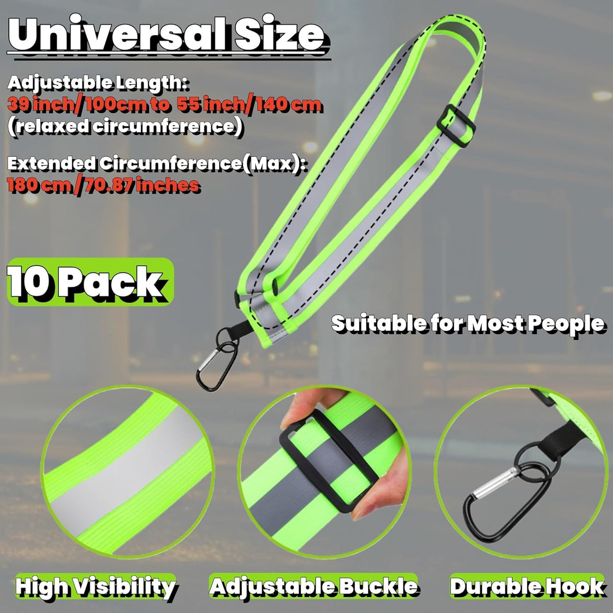 Tlence 10 Pack Reflective Sashes - High Visibility Running Belts for Night Safety | Adjustable Straps for Men & Women