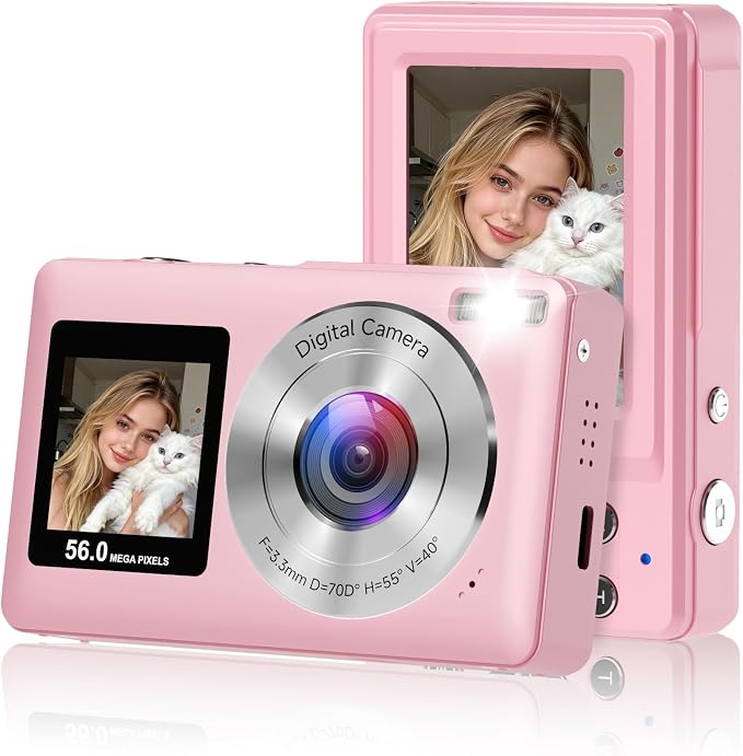 Digital Camera, 2026 Upgraded 56MP Pink Digital Camera, Dual Screens Cameras