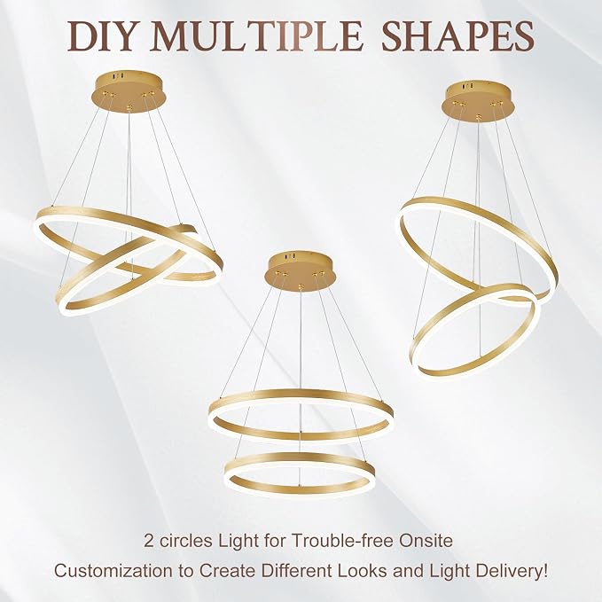 Modern LED Chandelier Gold 2-Rings Pendant Light Circular Flush Mount Ceiling