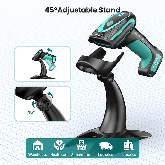 Wireless Barcode Scanner with Stand, Industrial 1D 2D QR Bluetooth Barcode