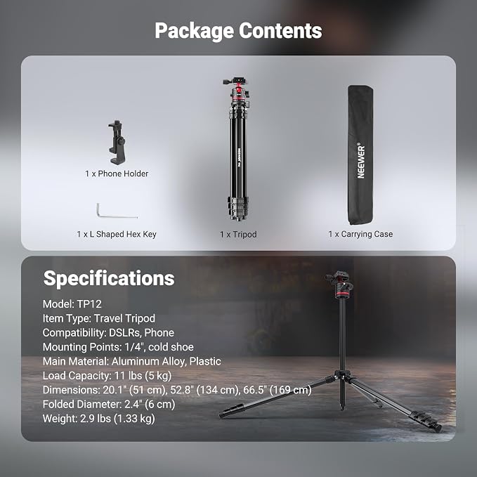 NEEWER Basics 66.5"/169 cm Travel Tripod