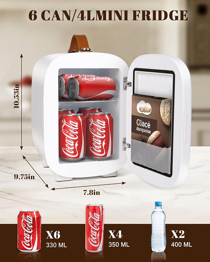 FANSEXPERT Mini Fridge for Bedroom, 4 Liter/6 Cans Skin Care Fridge Small Refrigerator, AC/DC Portable Mini Cooler & Warmer, Small Cosmetic Fridge for Camping, Dorm, Office, Car (White)