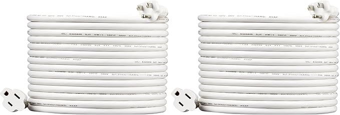 Amazon Basics Indoor Extension Cord, 3 Prong Outlet Extender Power Cord, 13 Amps, 125V, 25 Ft, White, 2-Pack