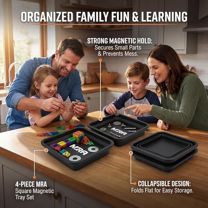 Collapsible Magnetic Tray Set – 4 Pcs Silicone Parts Tray with Dual-Sided Magnetic Plate, Automotive Tools for Screws, Nuts, Bolts, & Small Metal Parts Holder – 5x3x5 Inches, Black