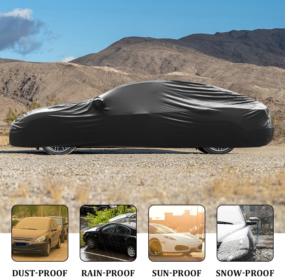 Upgraded Waterproof Stretch Car Cover - All-Weather Protection for Indoor/Outdoor Use, Soft Elastic Fabric Fits 192"-206" Vehicles, Dustproof, Garage & Car Show Ready