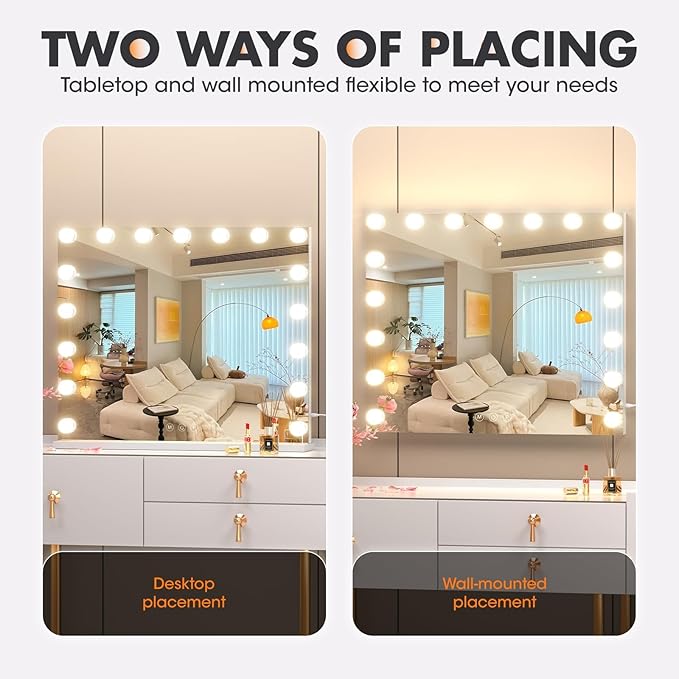 Hasipu Vanity Mirror with Lights, 24" x 20" Hollywood Mirror, Makeup Mirror with 17 Dimmable Bulbs and 10X Magnification, 3 Colors Modes, Touch Control, USB Charging Port, Type-C (Square White)