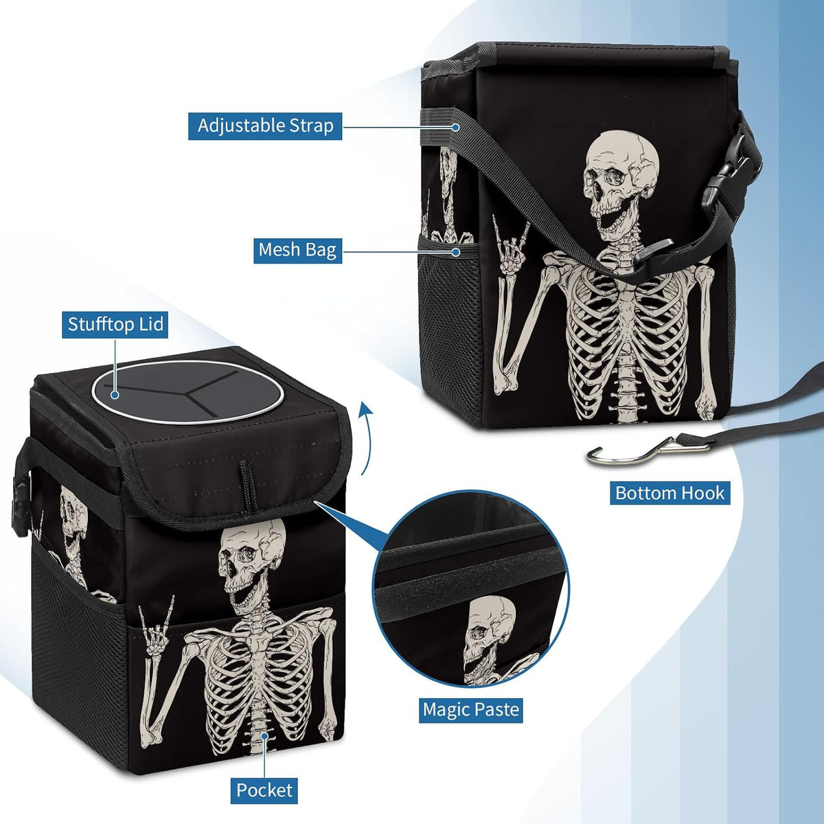 Goth Skull Car Trash with Lid - Leakproof Vehicle Trash Bin Car Accessories
