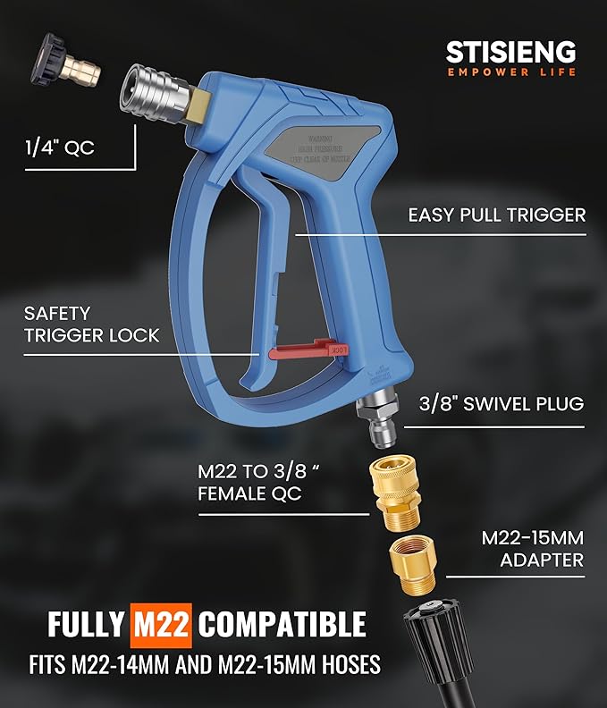 Short Pressure Washer Gun with 360° Swivel, High Pressure Stubby Power Washer Gun Kit with 5 Nozzle Tips, M22-14mm & 15mm Adapters, 3/8" QC for Car Wash Detailing & Cleaning (Blue)