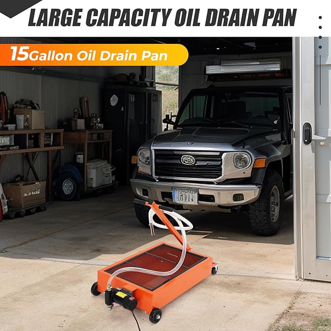 15 Gallon Oil Drain Pan with 110V Electric Pump, Low Profile Oil Drain Pan for Oil Change, Oil Change Pan with 8 Ft Hose and Folding Handle, Rolling Oil Drain Cart for Car, SUV, Trucks, Orange
