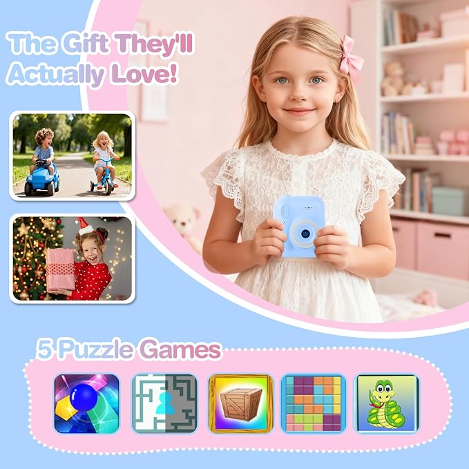 Kids Camera Instant Print with Color & Black-White Printing, 1080P HD Digital