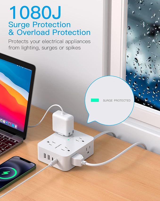 Extension Cord 15 Ft, Power Strip with 4 USB Ports(2 USB C), HANYCONY 8 Surge Protector Outlets with Flat Plug, Wall Mount, Desk for Home Office College Dorm Room Essentials