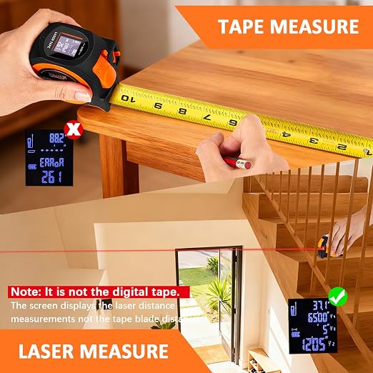 3-in-1 Laser Tape Measure, 197ft Laser Distance Meter, 16ft Digital Tape Measure