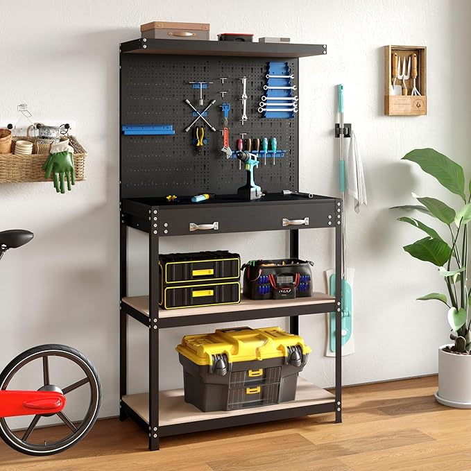 Goplus Workbench, Work Table with Drawer, Pegboard, Hanging Accessories, Topping Space, 4-Tier Heavy Duty Metal Tool Storage Bench, Work Benches for Garage, Workshop (Blue, 32" x 16" with Drawer)