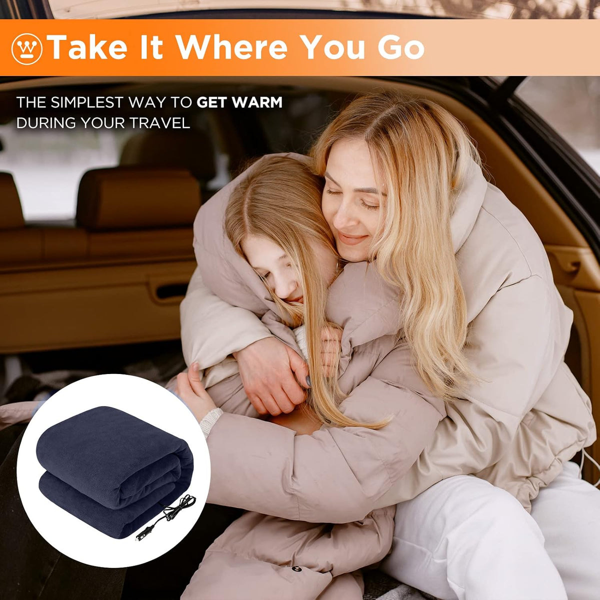 Westinghouse Heated Car Blanket, 12-Volt Electric Blanket for Car, Truck, SUV, RV, Portable Heated Throw for Camping, Navy, 59" x 43”