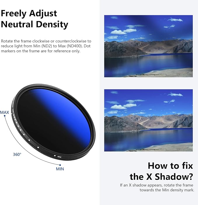 NEEWER 67mm Variable ND Filter ND2-ND400, Neutral Density Filter, Water and