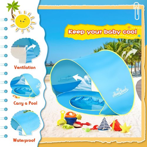 Monobeach Baby Beach Tent - Portable UPF50+ UV Protection Sun Shelter with Sand Toys | Easy Setup (Blue)