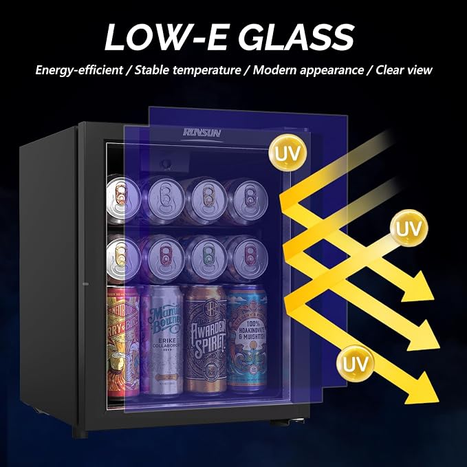 ROVSUN 46 Cans/1.0 Cu.Ft. Beverage Refrigerator Cooler, Countertop Small Fridge with Double Layer Glass Door & Adjustable Shelf for Bedroom Home, Quiet Mini Fridge for Soda Wine Beer, 43-64°F, Black