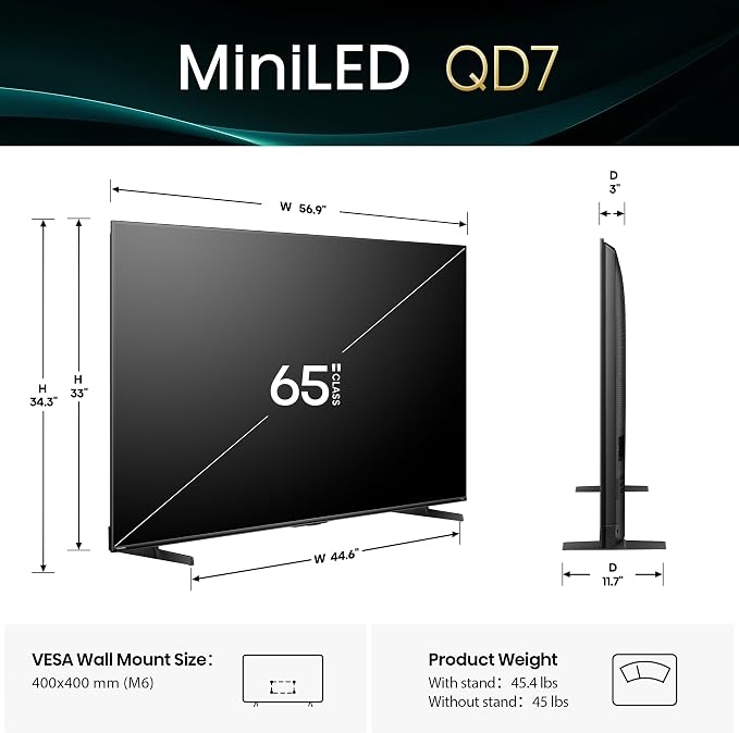 Hisense 65" Class QD7 Series Mini-LED 4K UHD Smart Fire TV (65QD7QF, 2025 Model) - QLED, HDR10+, Dolby Vision, Dolby Atmos, Game Mode Plus, ALLM, Alexa Built in with Voice Remote, Streaming TV, Black