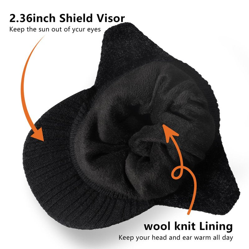 SEEK SURE Winter Hat with Visor Warm Fleece Lined Beanie with Brim Ear Protection Cuff Knit Cap for Men Women, XL/XXL Black