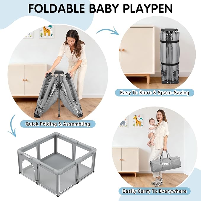 Baby Playpen Foldable Playpen for Babies and Toddlers, Large Playpens Portable Play Pen with 2 Doors Safety Area for Kid Fence Travel Indoor Outdoor Baby Boy Girl Gifts Newborn Essentials 50"X50" Grey
