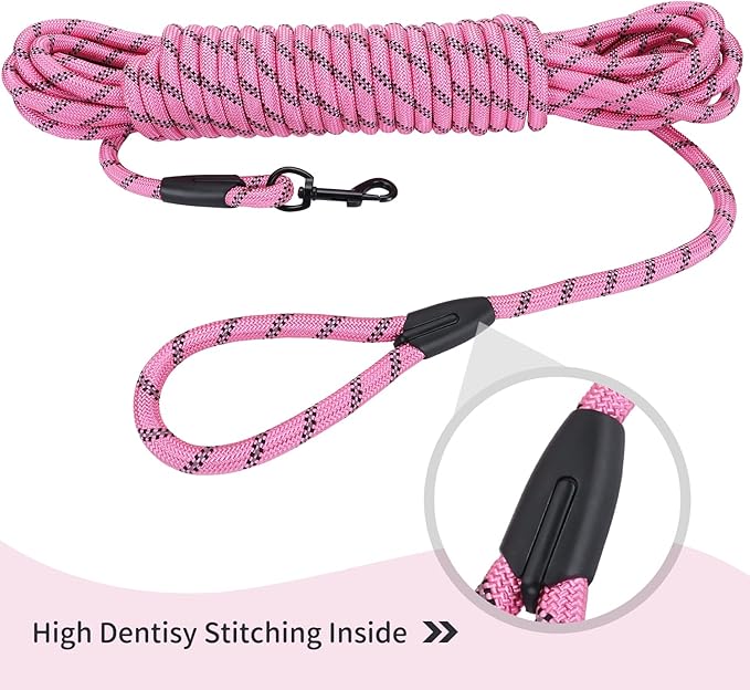 Long Dog Leash for Training 15Ft-Reflective Nylon Rope with Swivel Hook-Recall Agility Lead for Large Small Medium Dogs Outside Walking Hiking-Pink Diam 1/2"