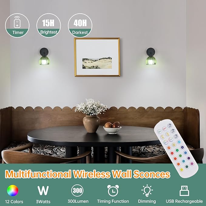 Vintage Battery Operated Wall Sconce with Green Tulip Glass Lampshade Rechargeable Battery Powered Black Wall Light with Remote Control for Bedside Bedroom Doorway, Set of 2
