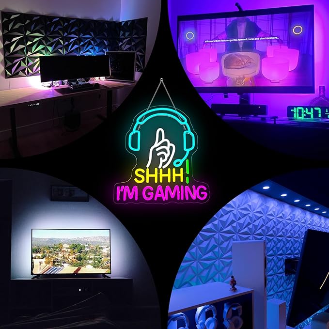 Game Neon Sign Shhh I'm Gaming Light Sign Blue Headset Hand Gesture Design Pink Neon Gaming LED Light USB Powered Dimmable Game Room Wall Decor for Bedroom Man Cave Teen Gamer Gifts