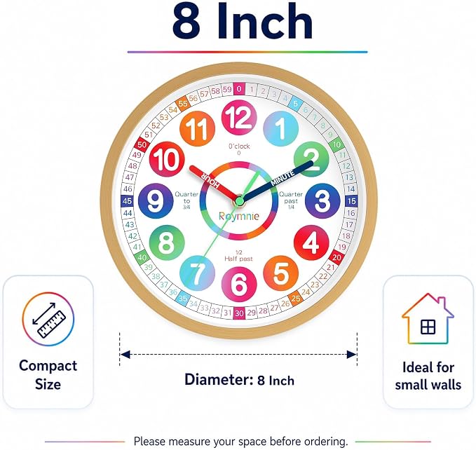 Roymnie Wall Clock Battery Operated Silent Non Ticking Teaching Time Analog