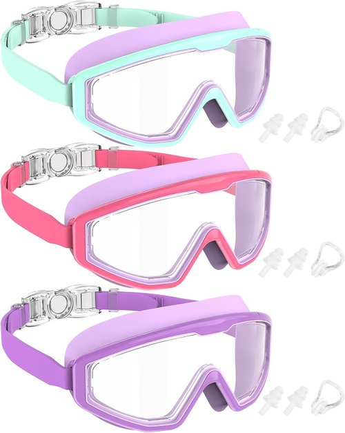 NSSIW Swim Goggles - Anti-Fog, No Leak Design with Nose Clip & Earplugs | 3-Pack for Kids Ages 6-14
