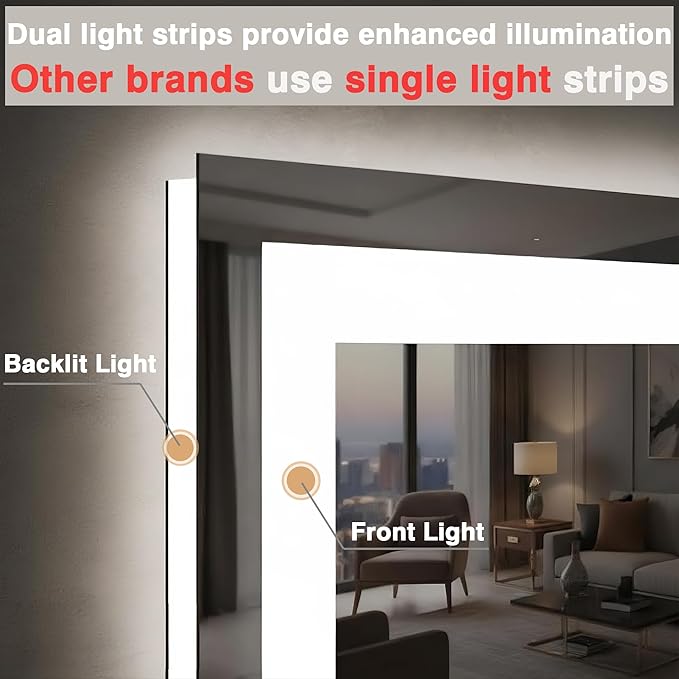 55"x40" Bathroom Mirror with LED Lights, Front and Backlit Mirror, Anti-Fog LED Vanity Mirror, 3 Colors and Dimmable Mirror, Waterproof, Corrosion Proof (Horizontal/Vertical)