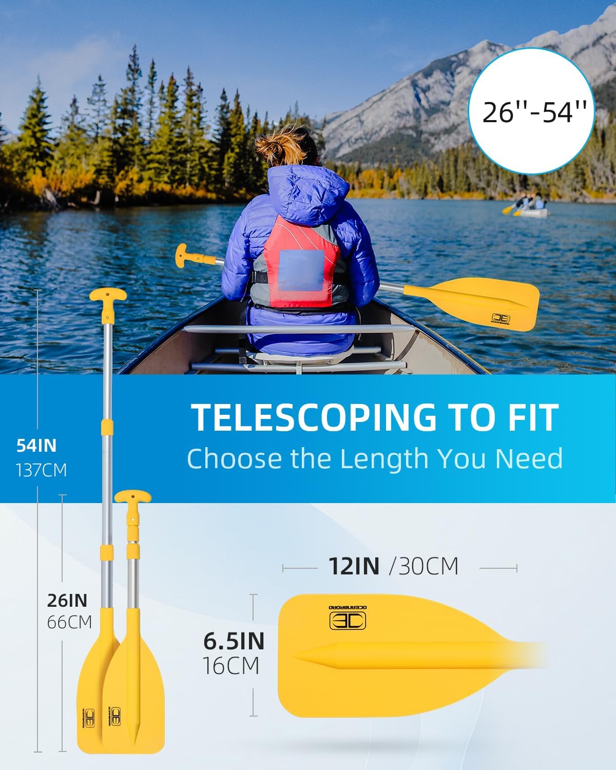 OCEANBROAD Telescoping Emergency Paddle | Adjustable 21''-42'' or 26''-54'' Aluminum Shaft for Kayaking & Boating