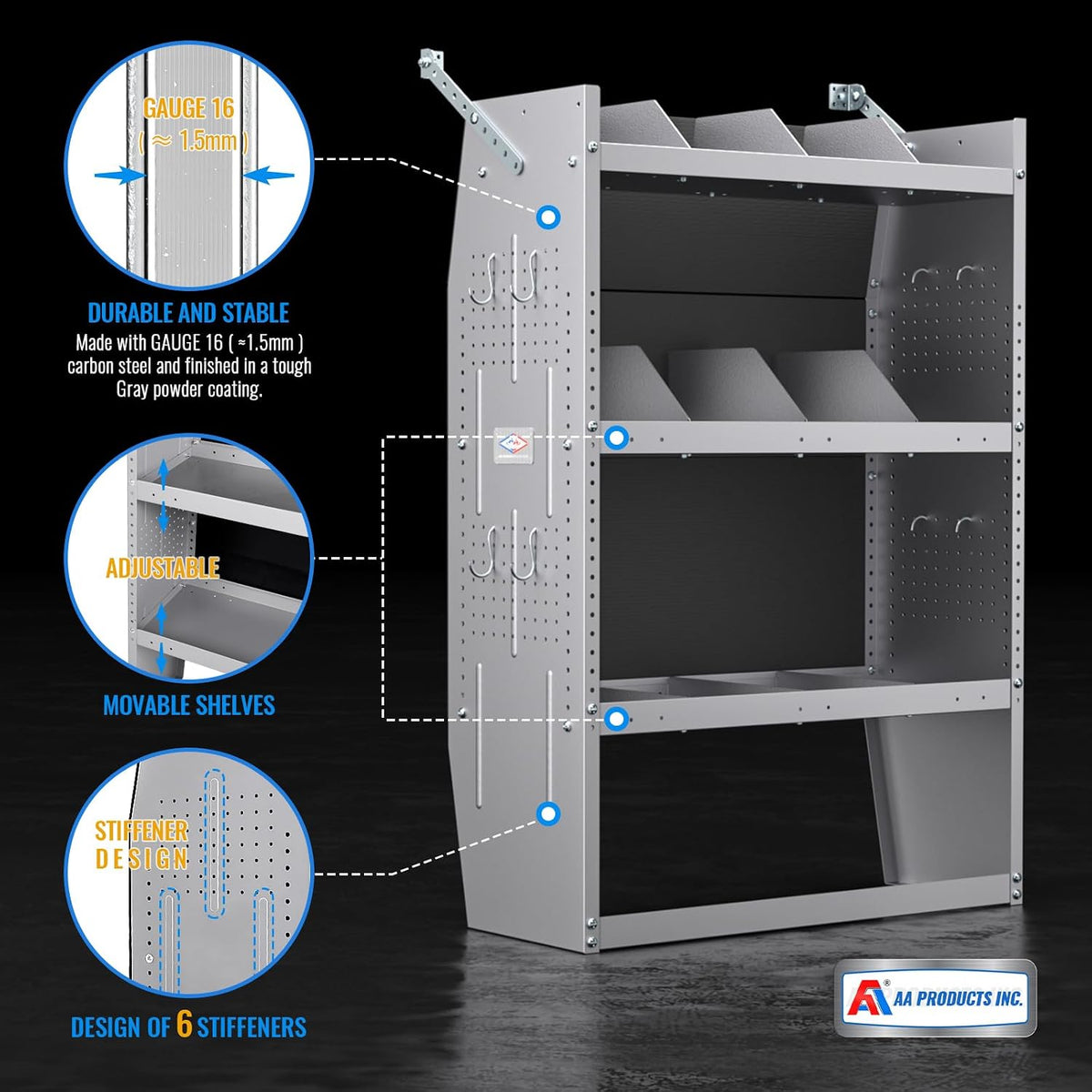 AA Products Inc. SH-4603 Steel Low/Mid/High Roof Van Shelving Storage System Fits Transit, GM, NV, Promaster and Sprinter, Contoured Shelving Unit, 32" W x 46" H x 13" D