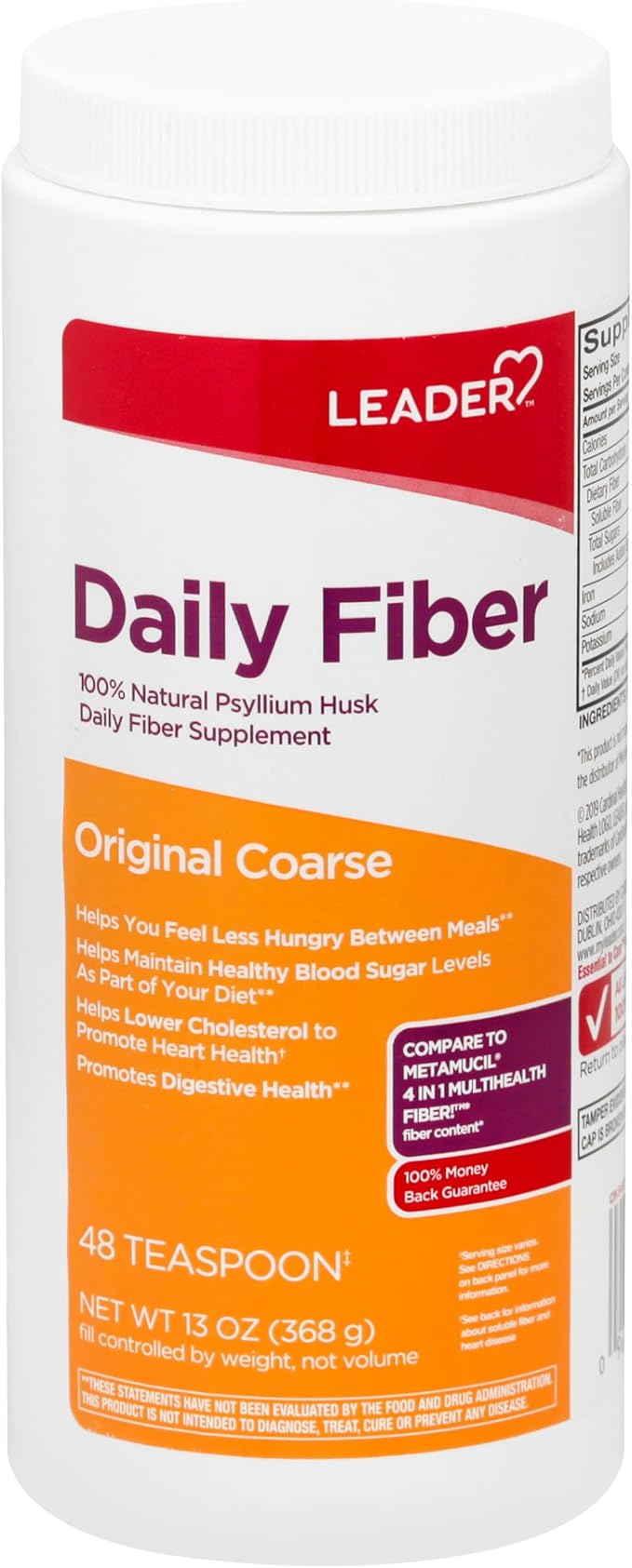Leader Psyllium Husk Powder Supplement 4-in-1 Fiber for Digestive Health, Plant Based 100% Natural Psyllium Husk Daily Fiber, Gluten Free, Non-GMO, Compare to Meta-mucil Multihealth (13 OZ)
