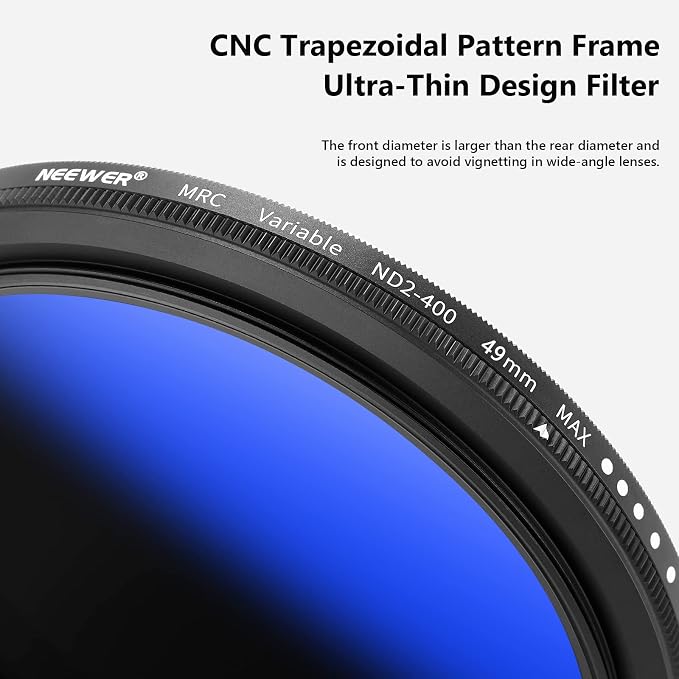 NEEWER 49mm Variable ND Filter ND2-ND400, Neutral Density Filter, Water and