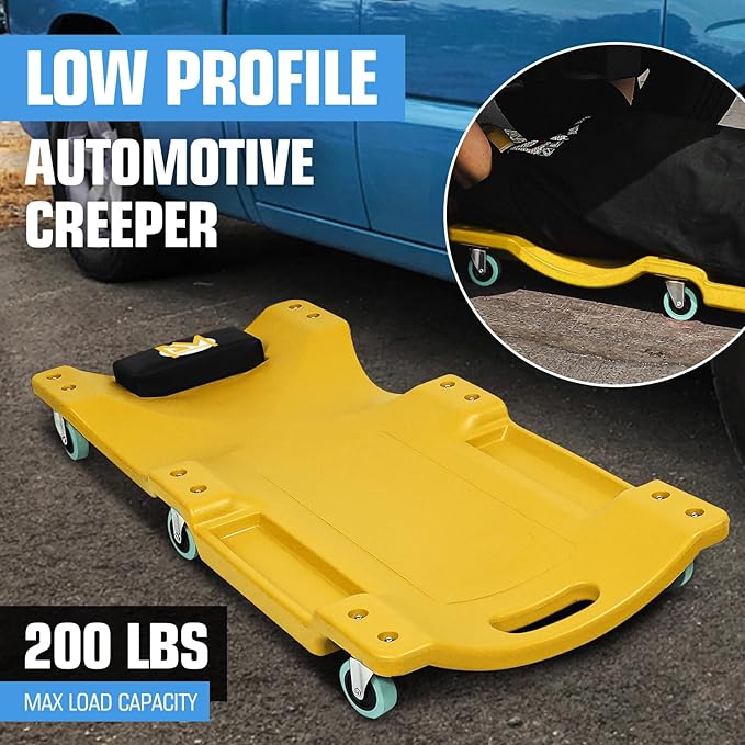 PM PERFORMOTOR 40Inch Low Profile Plastic Rolling Garage Shop Creeper with Padded Headrest,Tool Trays & 6pcs Casters, Yellow, PM-TOL-CPC40-YL