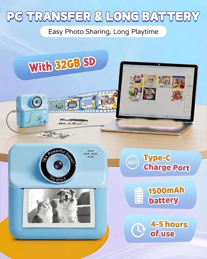 Kids Camera Instant Print with Carrying Case, Digital Selfie Camera with 6