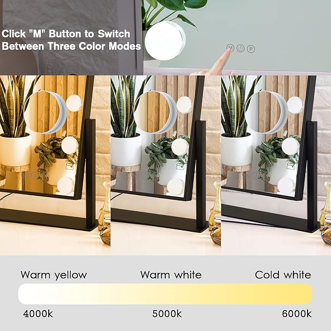 Lighted Makeup Mirror Hollywood Mirror Vanity Mirror with Lights, Touch Control Design 3 Colors Dimable LED Bulbs, Detachable 10X Magnification, 360°Rotation, Black.