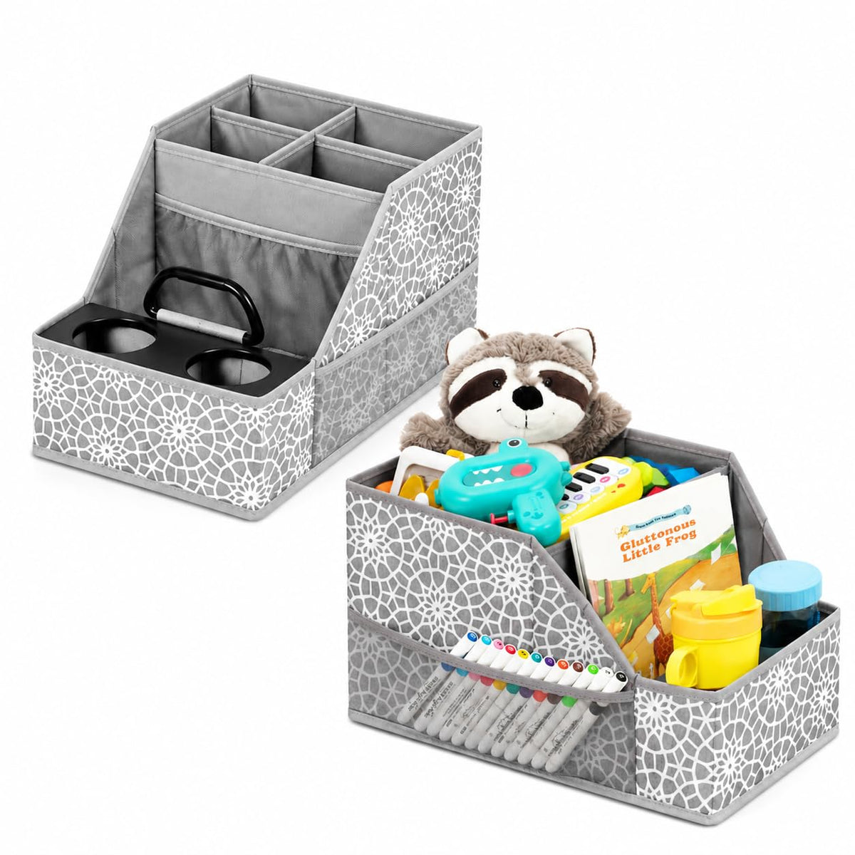 CROS 2 Pack Car Seat Organizer with Metal-Reinforced Cup Holders, 12 Storage Compartments Backseat Car Organizer, Travel Essentials for Kids Toys & Snacks, Non-Slip Seat Storage for SUV, Truck, Print