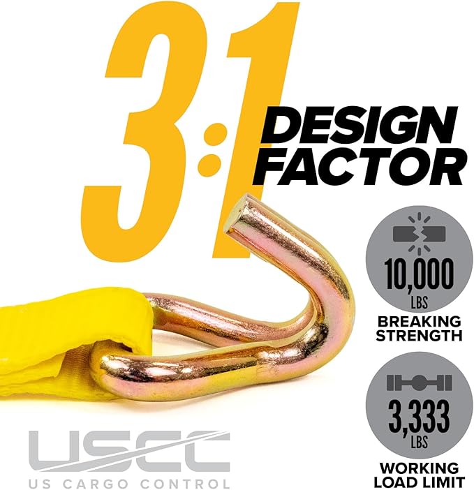 US Cargo Control Wire Hook Ratchet Straps 2 Inch x 12 Foot (4-Pack), 10,000 LBS Break Strength, Yellow 2 Inch Ratchet Straps Heavy Duty with J Hooks, Heavy Duty Tie Downs for Trailers and Trucks