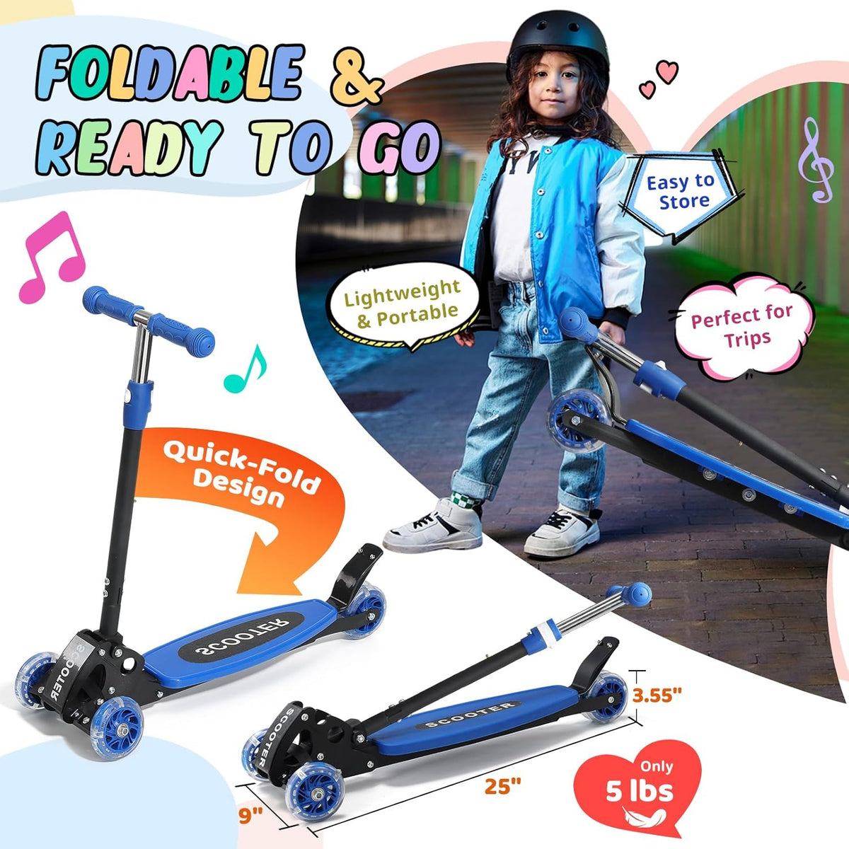 Skiennix Kick Scooter for Kids 3-7 Years - Light-Up Three-Wheel Design, Adjustable Height, Foldable, Stable Dual Rear Wheels