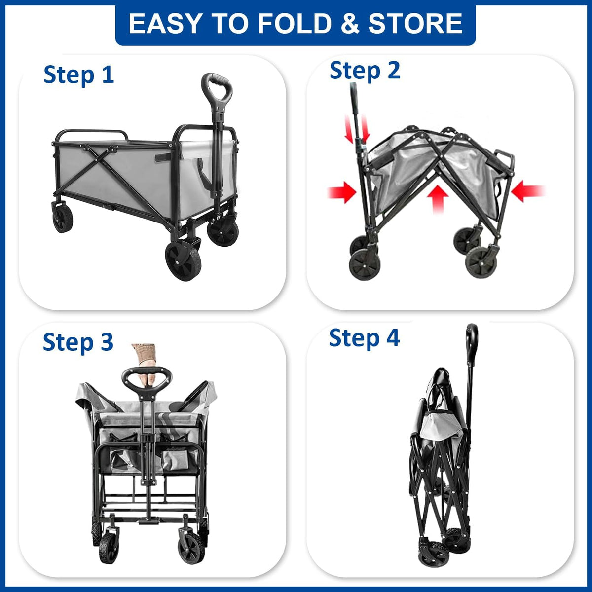 Collapsible Foldable Wagon, Beach Cart Large Capacity, Heavy Duty Folding Wagon Portable, for Outdoor Sports, Shopping, Camping, Gray