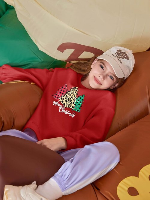 Haloumoning Girls Oversized Crewneck Sweatshirt - Cozy Fleece Pullover for Ages 5-14