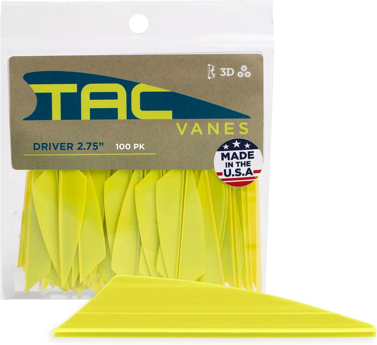 TAC Vanes 2.75" Driver Arrow Vanes - Durable, Lightweight Archery Fletching for Compound & Crossbow | Yellow 100 Pack
