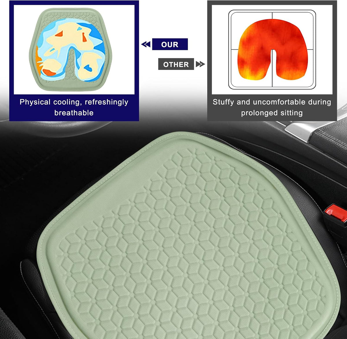 Gel Car Seat Cushion, Non-Slip Front Seat Bottom Cushion Pad, Green