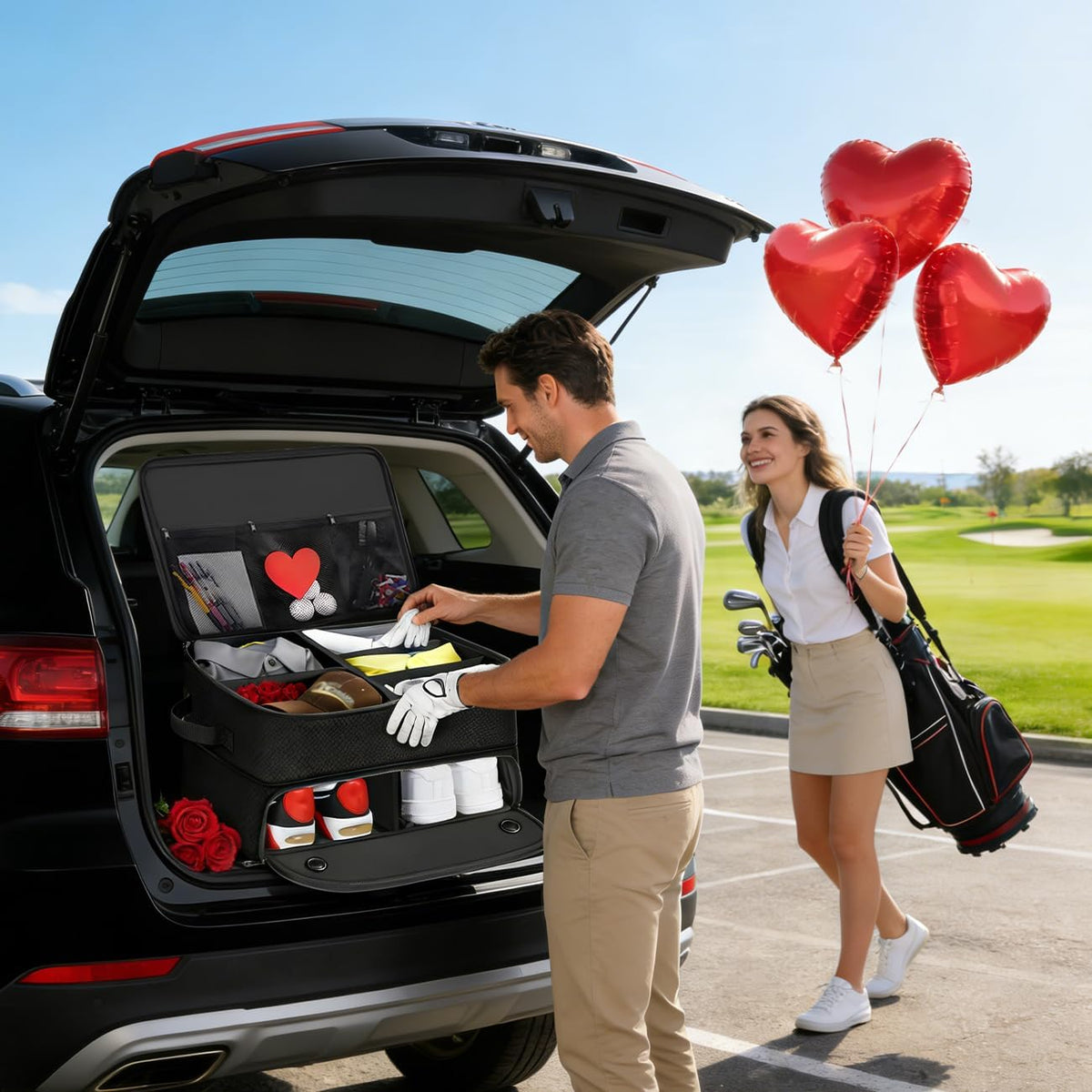 Golf Trunk Organizer 2 Layer with Separate Compartment for 2 Pair of Shoes, Golf Bag Storage for Car, Waterproof,Trunk Locker for Balls, Tees,Gloves