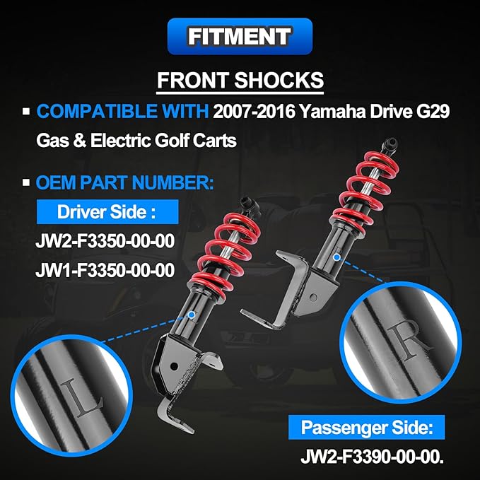 Front Golf Cart Shock Absorbers Heavy Duty with Springs Compatible with 2007-2016 Yamaha Drive G29 Gas & Electric Golf Carts Passenger and Driver Side Replace# JW2-F3390-00-00 JW2-F3350-00（RED）
