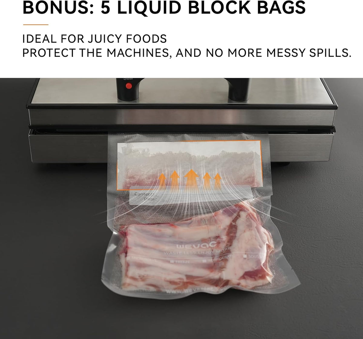 Wevac Vacuum Sealer Bags - Heavy Duty 8" x 12" Precut, 200 Count with Liquid Block & Bone Guard