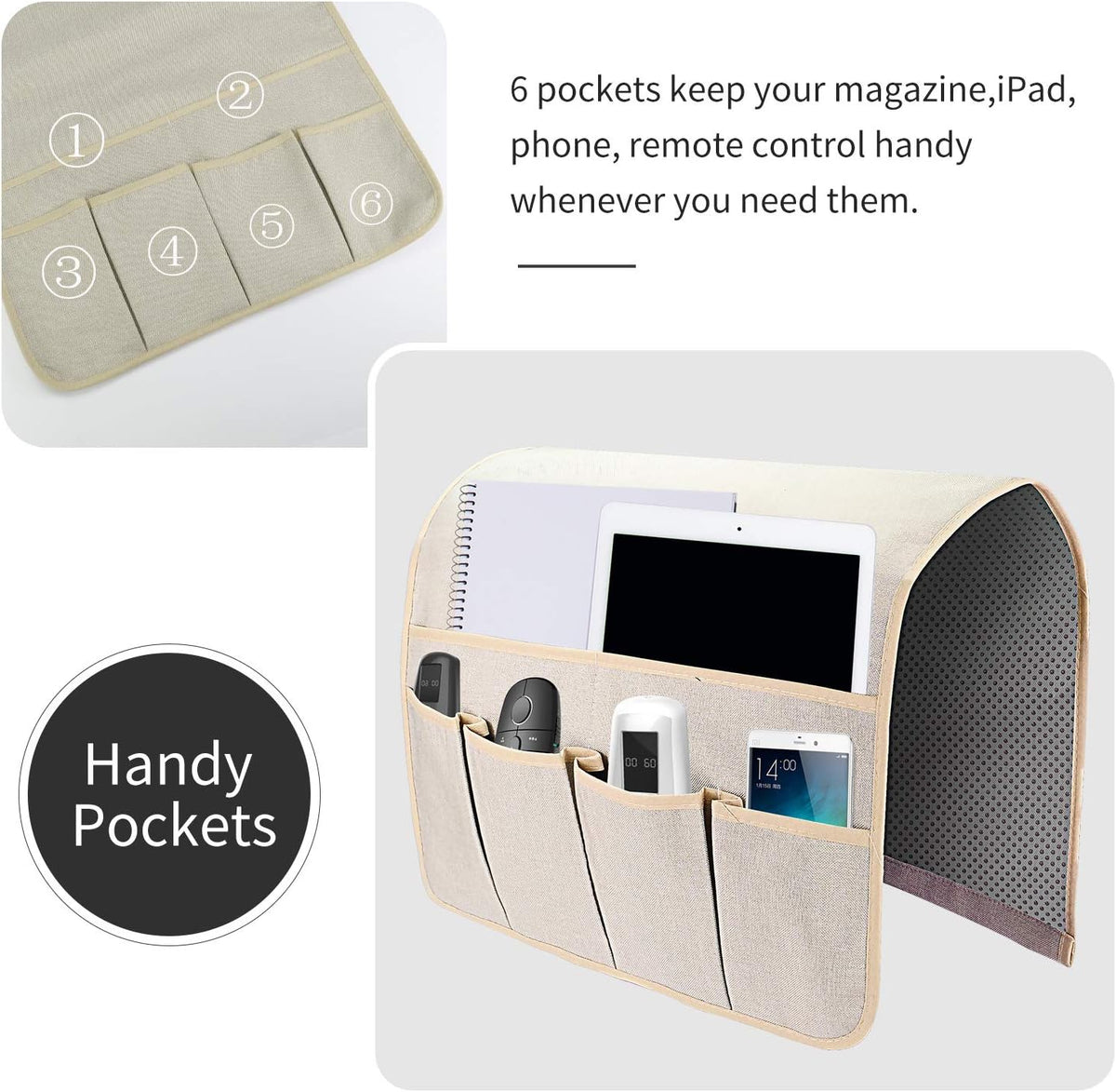 Sofa Armrest Organizer, Remote Control Holder for Recliner Couch, Arm Chair Caddy with 6 Pockets for Magazine, Tablet, Phone, iPad (Beige, W19'' x L33'')
