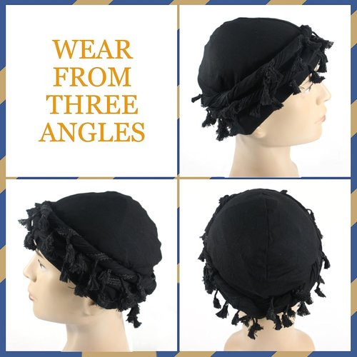 Agturber 2pcs Turban for Men Women Satin Lined Durag Head Wrap Vintage Modal Twist Halo Turban with Tassel(Black,Beige)