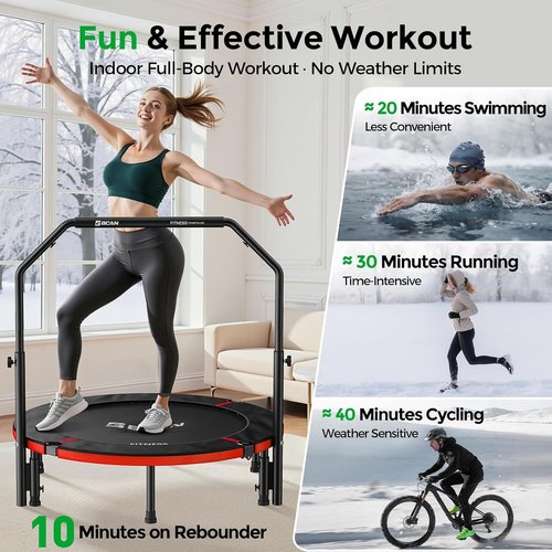 BCAN SP2 Foldable Mini Trampoline - Max Load 330lbs/440lbs, Adjustable Foam Handle for Indoor/Garden Fitness